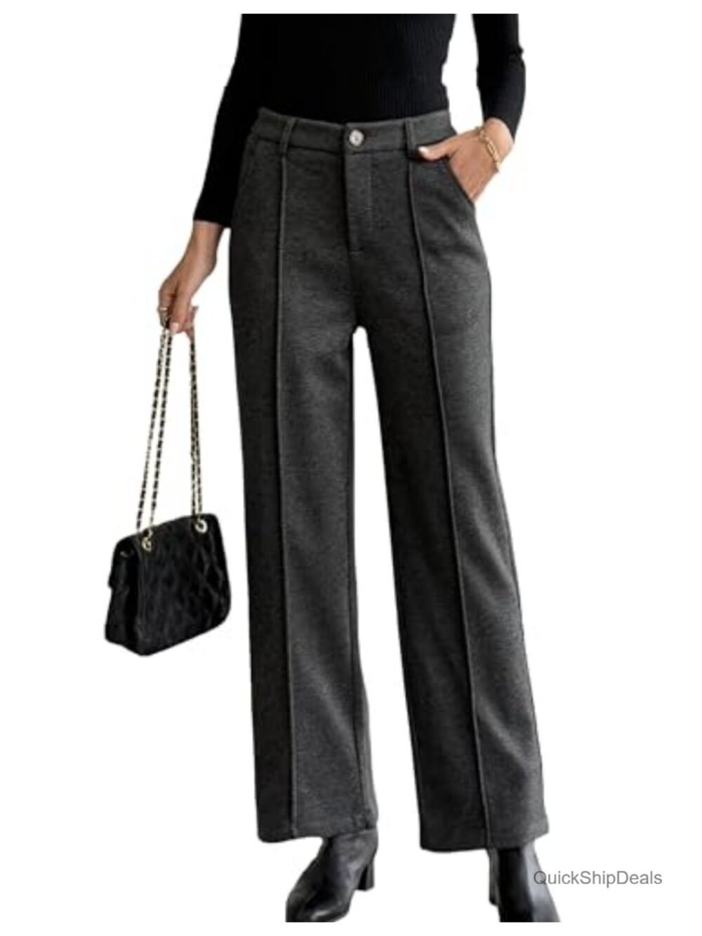 Womens Faux Wool Wide Leg Fleece Lined Pants High Waisted Slacks Trousers
